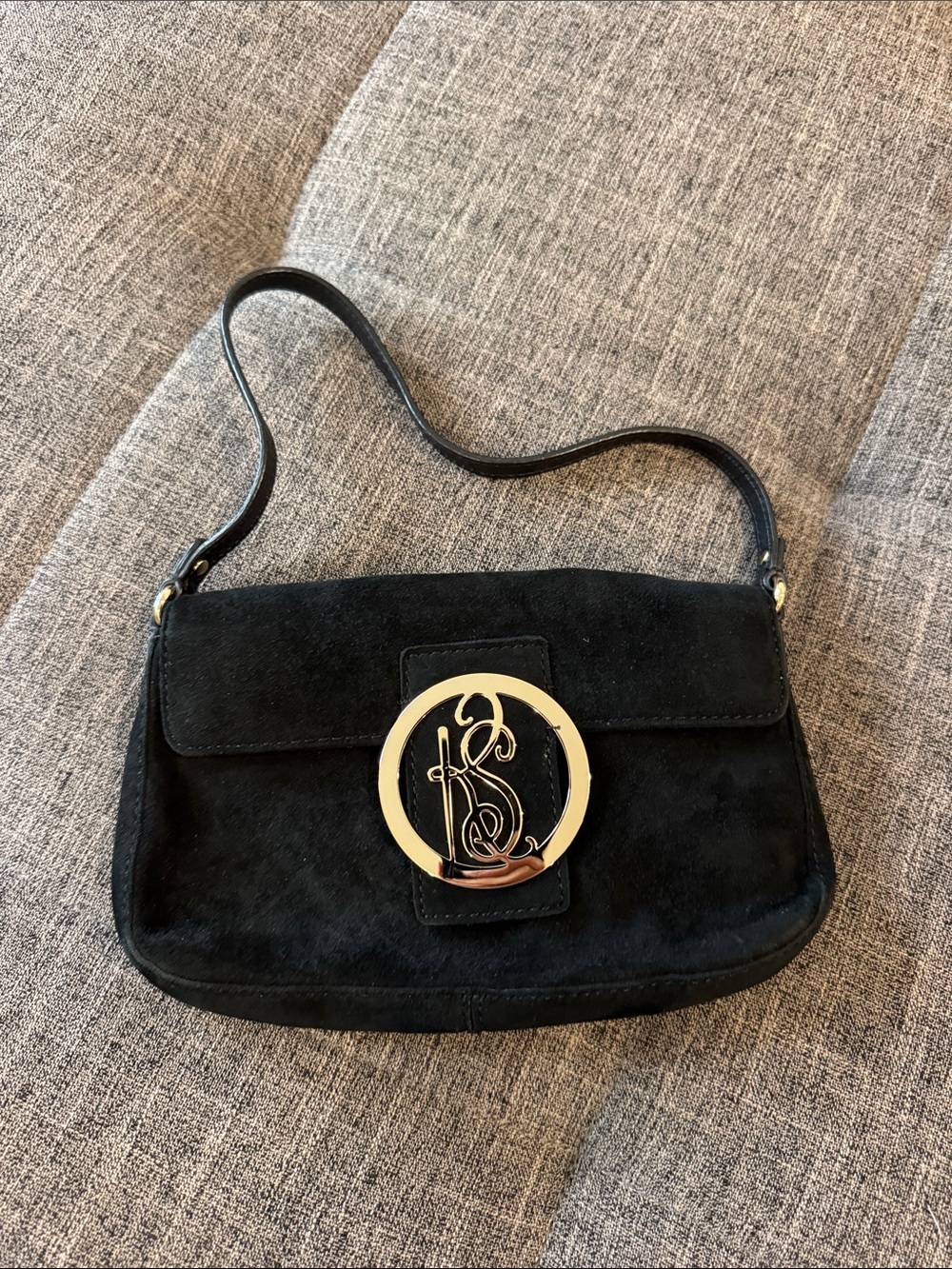Kate Spade Black Suede Shoulder Bag with Gold Circular Accent